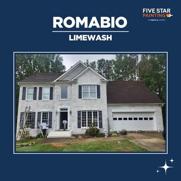 Before: unpainted red brick home exterior | After: limewashed brick home with bright, timeless finish