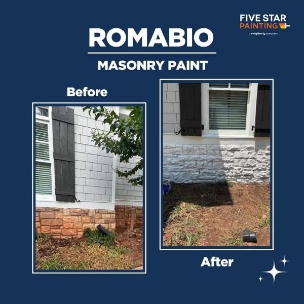 Before: natural stone foundation with warm tones | After: crisp white masonry finish using Romabio paint