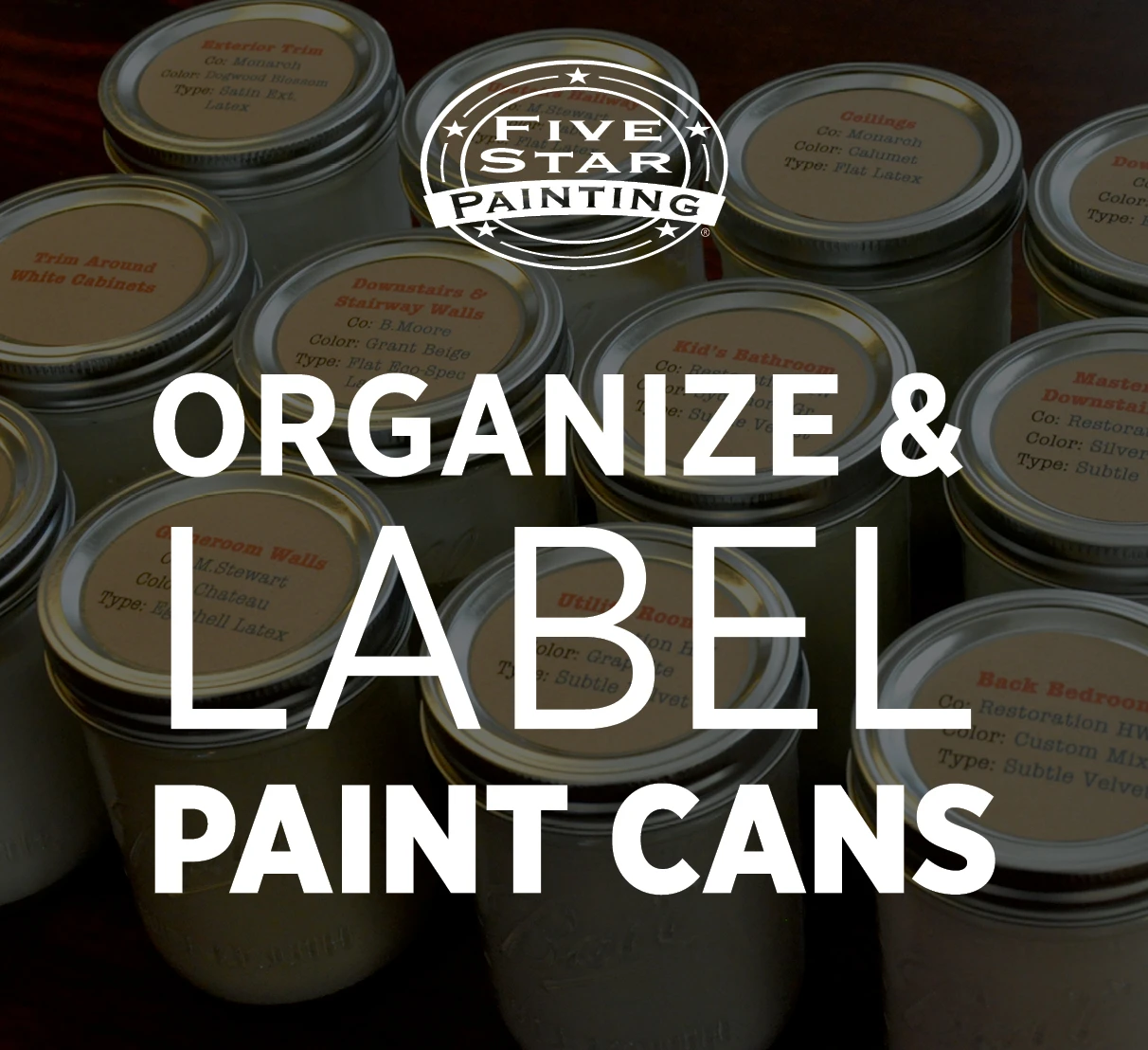 Paint cans neatly organized and labeled.